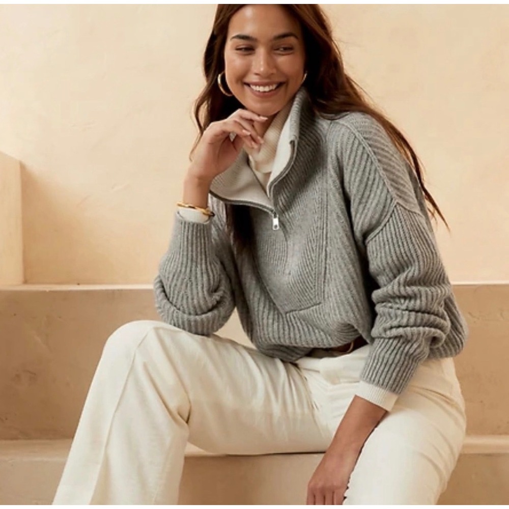 Banana Republic Italian Wool Cashmere Quarter Zip Sweater Grey Petite M NEW
